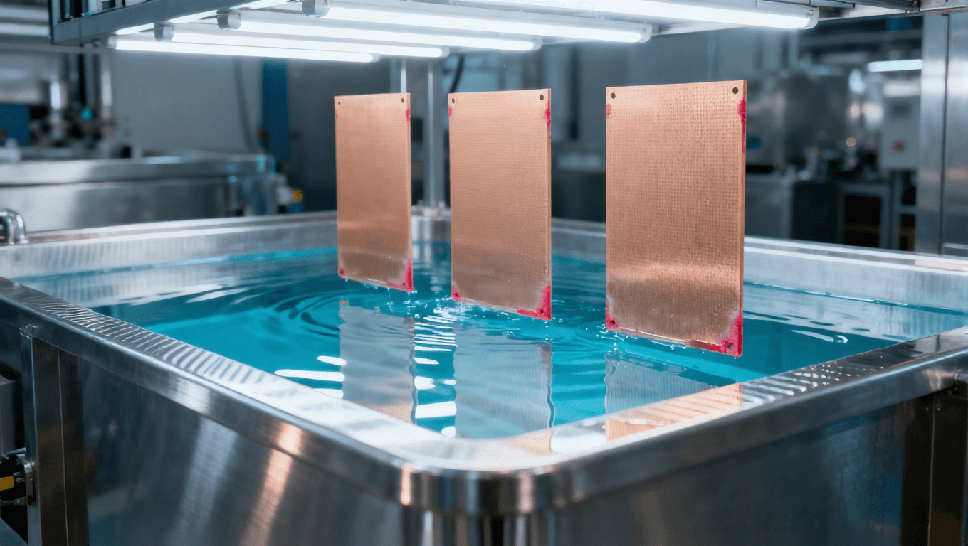 PCB半加成法SAP工藝化學(xué)鍍銅工序場景，展示立式銀灰色金屬鍍銅槽、透明藍(lán)色鍍液及FR-4基板，高端PCB制造車間環(huán)境