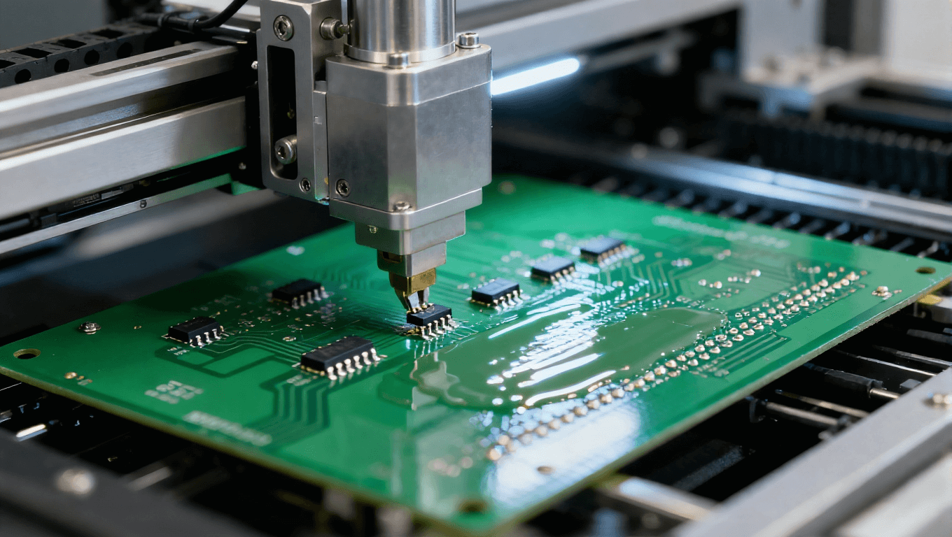 自動化貼片機機械臂抓取元器件，對準綠色 PCB 焊盤的 SMT 貼裝工序，焊盤涂有高亮焊膏.png