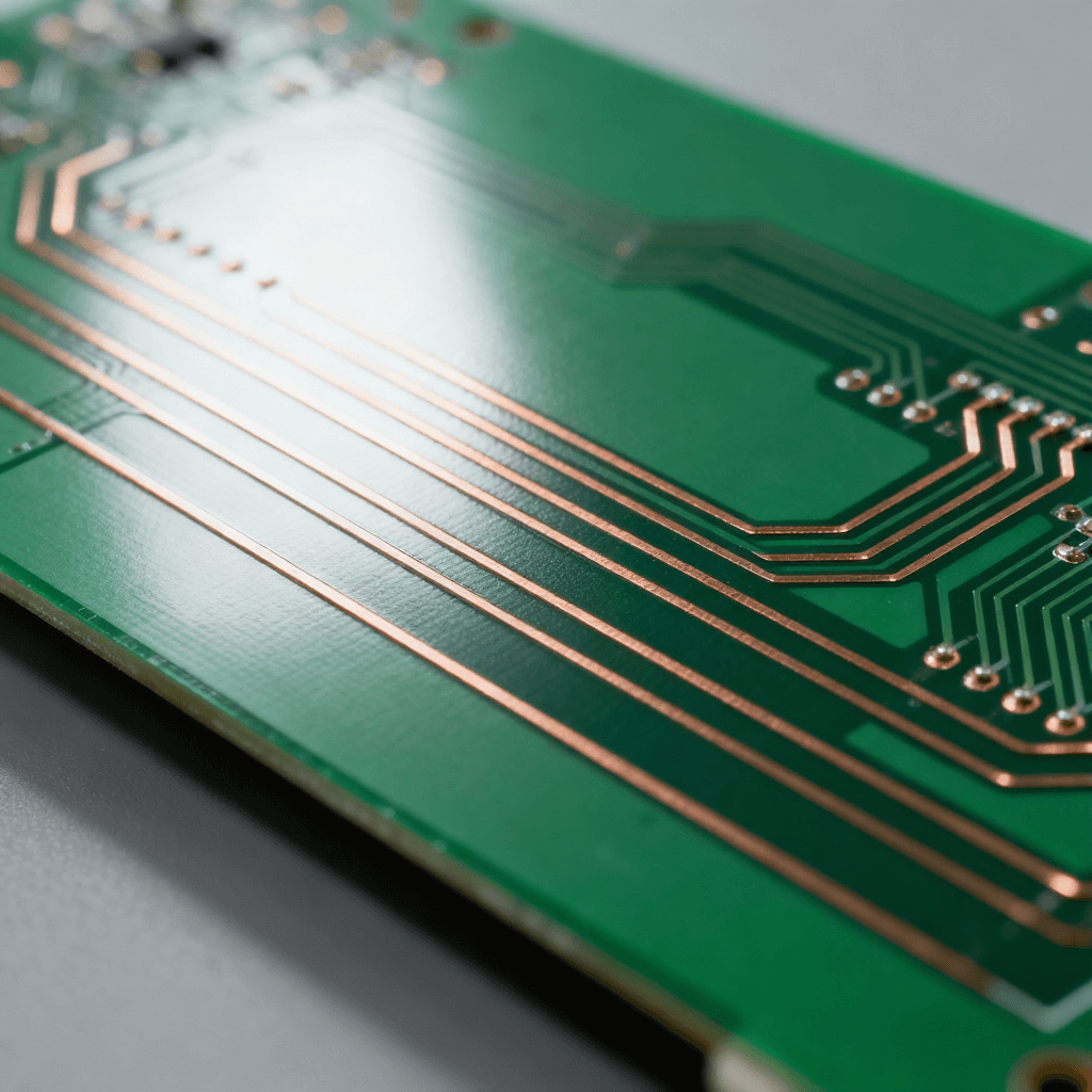 綠色 PCB 印刷電路板特寫，表面分布精密銅箔導電線路的硬質(zhì)電子載體