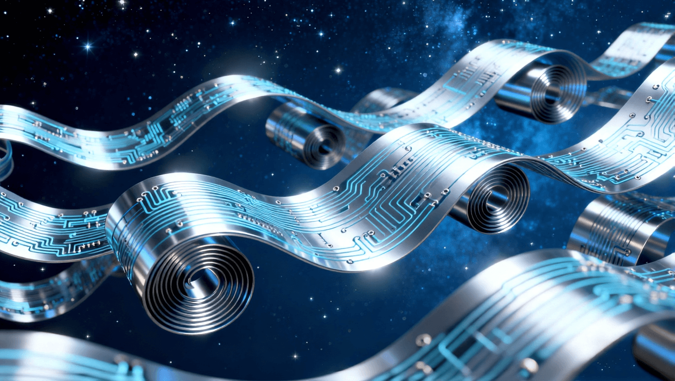 多形態(tài)可折疊電路板三維展示，體現(xiàn)超彈性材料支持的卷曲、螺旋等未來設(shè)備形態(tài)