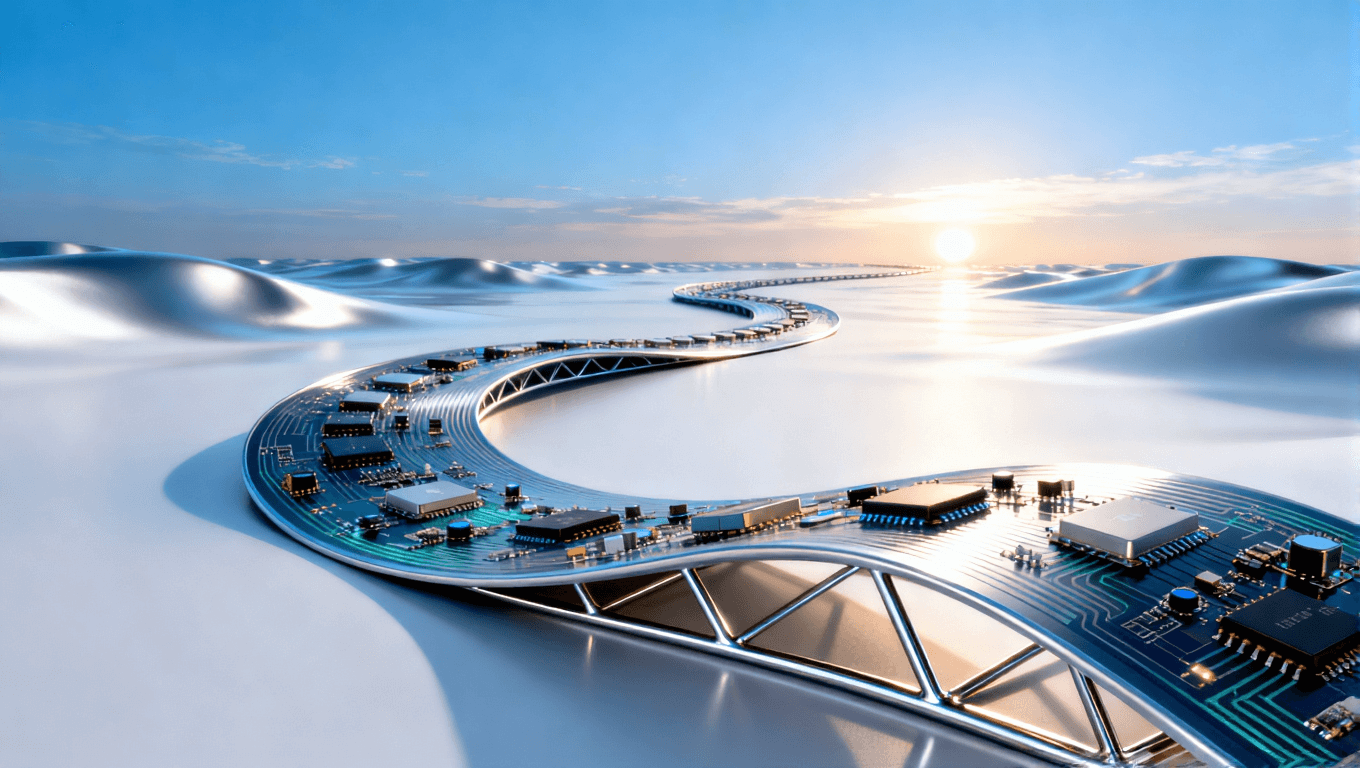 超彈性材料作為基石的柔性電子系統(tǒng)全景概念，展現(xiàn)可折疊設(shè)備的高整合與可靠未來