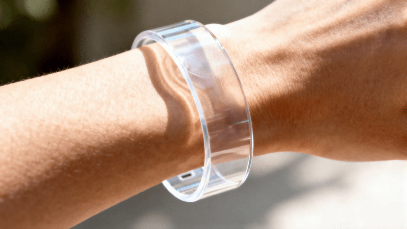 集成超彈性電路的可穿戴設(shè)備在手腕上的應(yīng)用，體現(xiàn)其柔韌性與舒適度