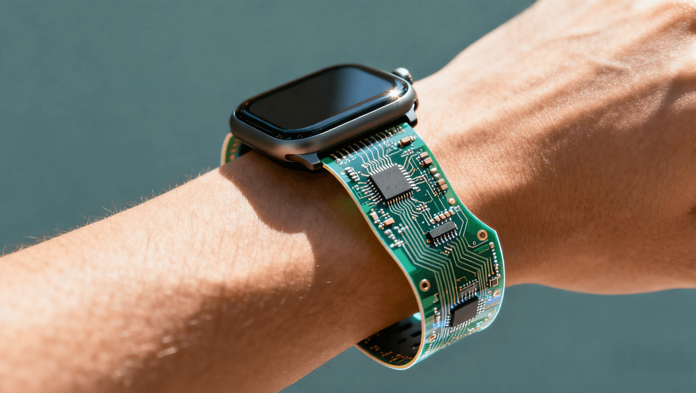 佩戴在手腕上的智能手表，電路板集成于表帶，突顯彎曲設(shè)計(jì)