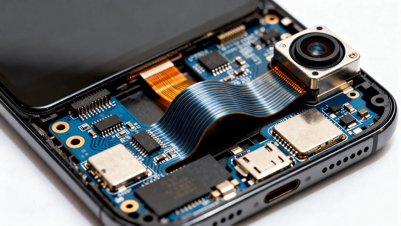 部分拆解的現(xiàn)代智能手機(jī)，靈活電路板繞過(guò)攝像頭模塊，體現(xiàn)緊湊集成設(shè)計(jì)