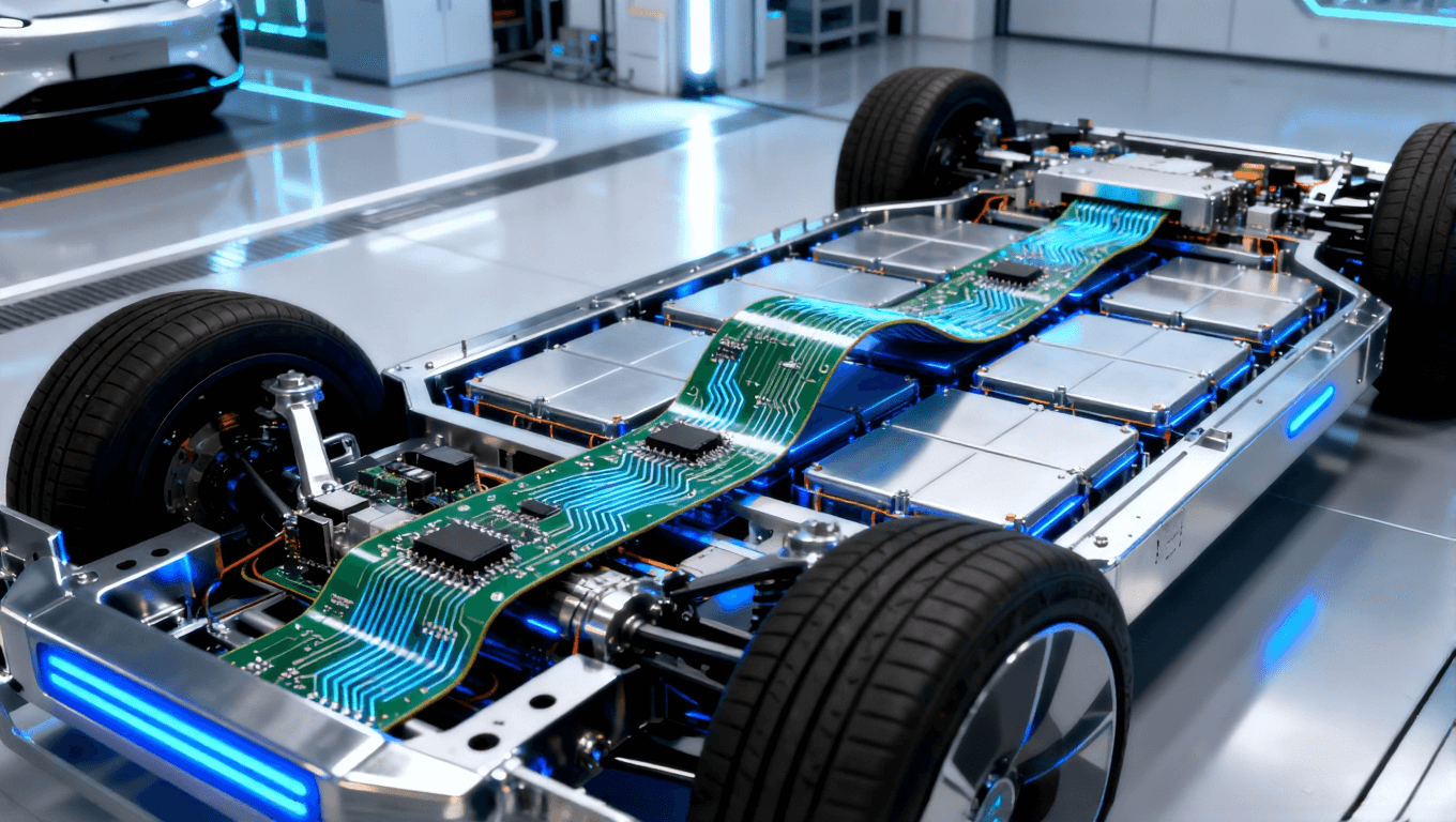 電動(dòng)汽車電池包內(nèi)部，靈活電路板穿過(guò)電池單元間隙，展現(xiàn)空間效率