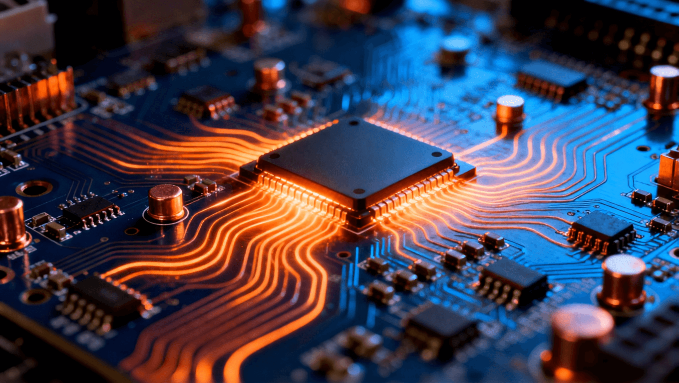 高科技電路板特寫，銅線和微芯片發(fā)熱光線，熱傳遞動態(tài)效果，金屬光澤，藍色與橙色對比，柔和陰影