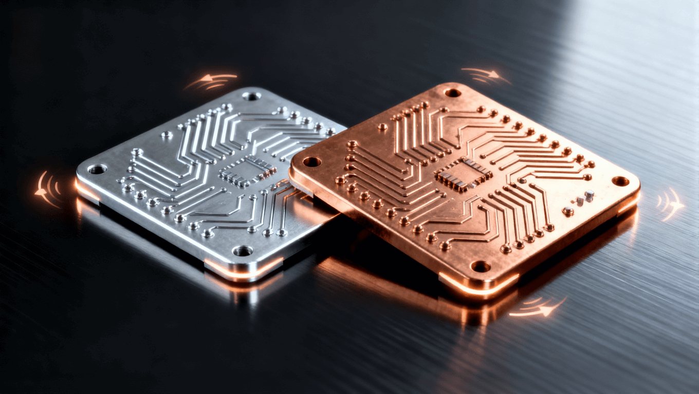 鋁基與銅基電路板放置在光滑黑色表面上，反射光澤，細致的金屬紋理，熱流符號微光環(huán)繞