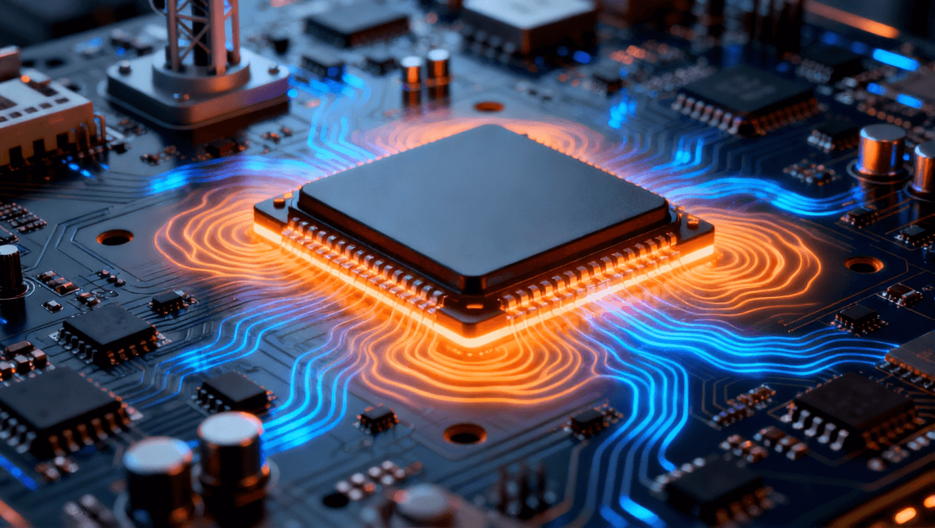 5G通信基站，安裝高功率組件的電路板，動態(tài)熱流圖案，橙藍色熱管理光效