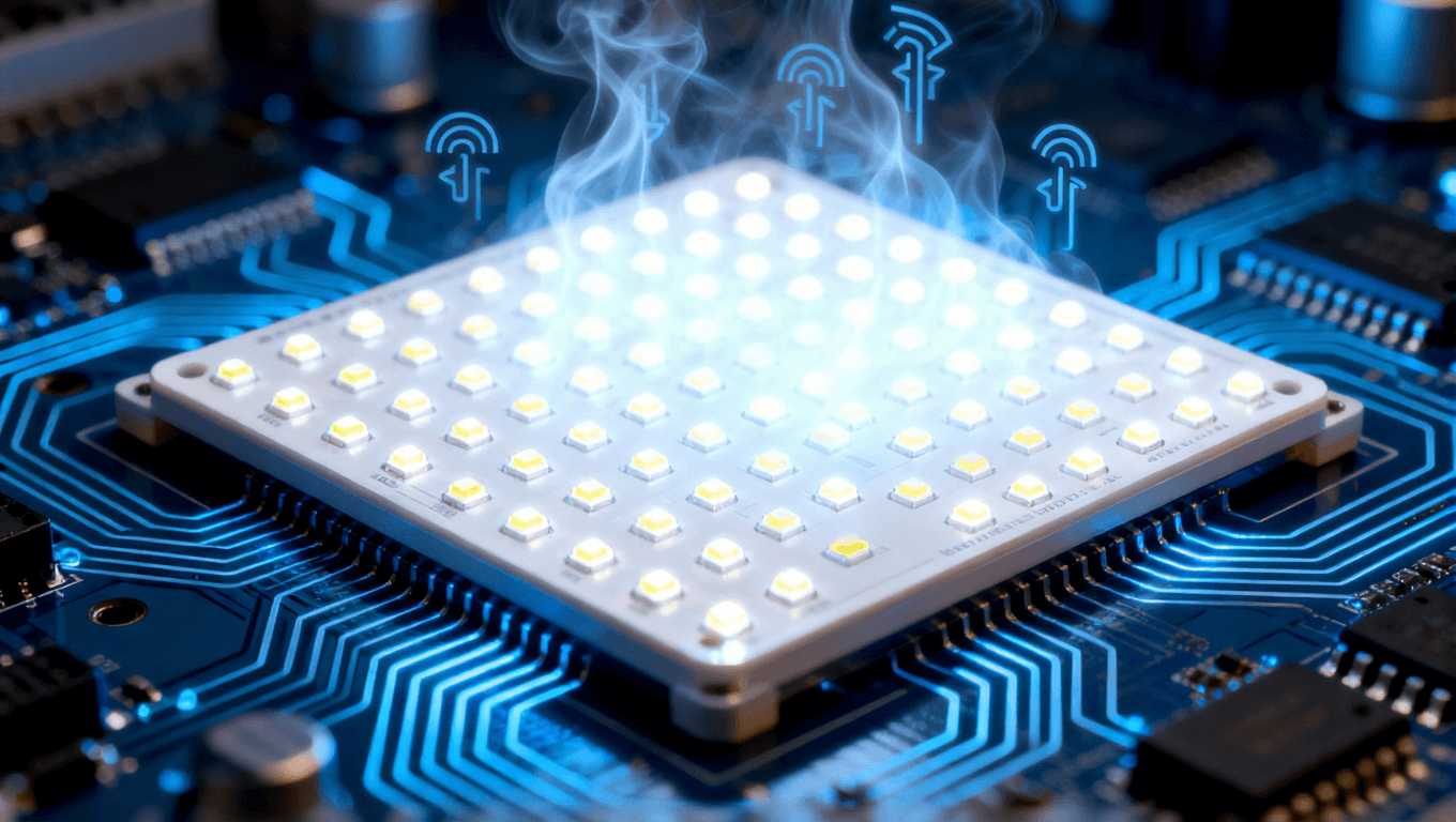 LED面板與高導(dǎo)電電路板，LED燈發(fā)光，散熱符號，清涼環(huán)境光，熱流線圍繞電路板