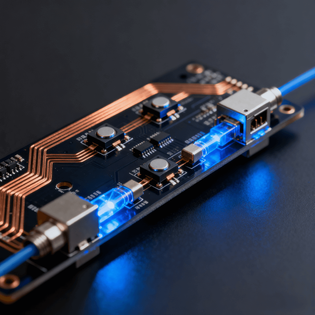 高頻光模塊PCB細(xì)節(jié)圖，展現(xiàn)激光器件和光電轉(zhuǎn)換元件布局