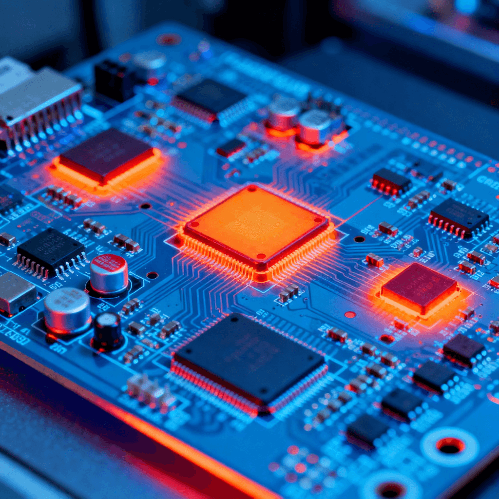 電路板可靠性測試熱成像圖，顯示高溫工作狀態(tài)下的熱量分布