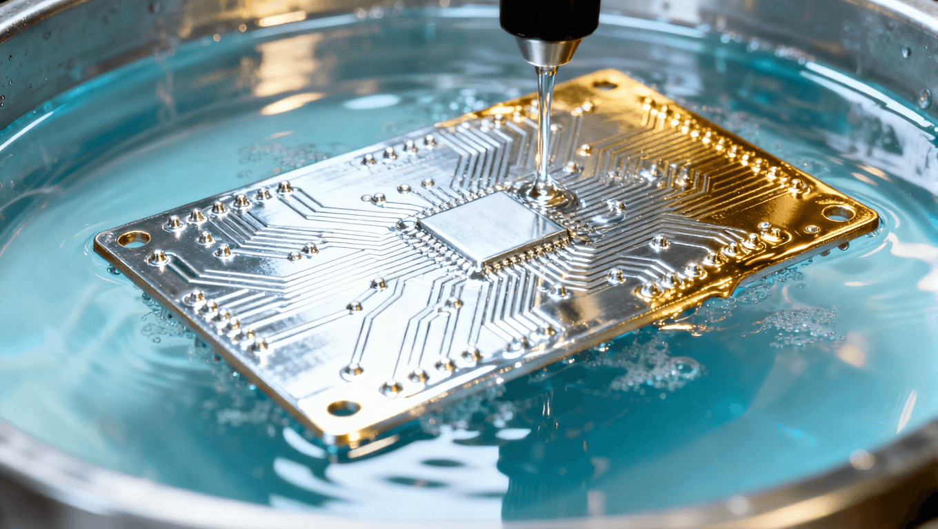 電路板鍍鎳金過程中的細(xì)節(jié)，顯示鍍層的均勻性與光澤