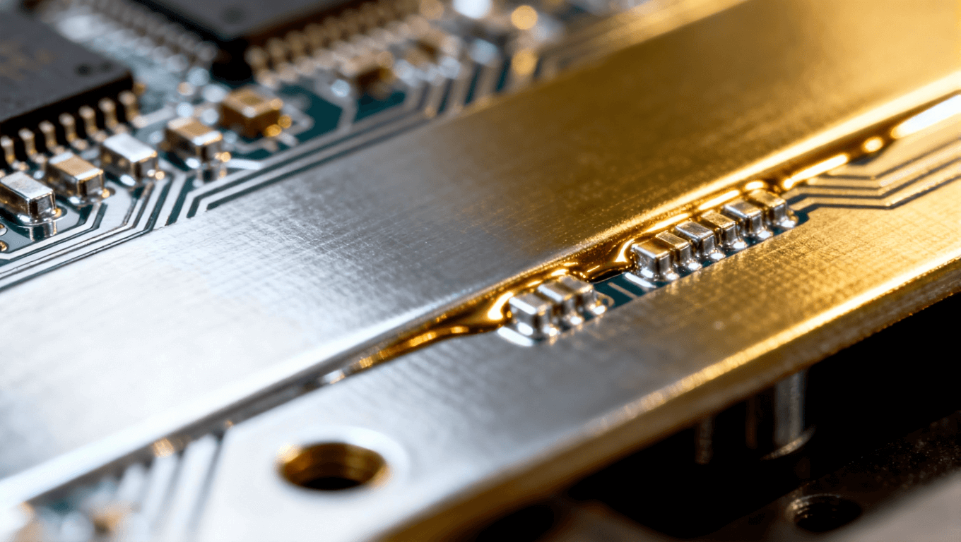 精密電路板表面處理，展示鎳金鍍層沉積的細(xì)節(jié)，體現(xiàn)專業(yè)制造環(huán)境中的光亮金屬質(zhì)感