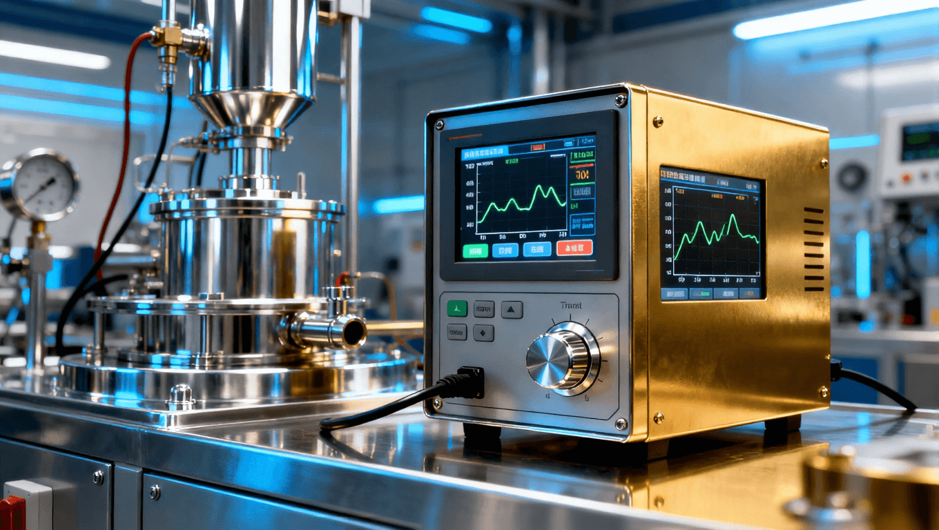 展示鍍鎳金工藝中溫控設(shè)備和電流監(jiān)測儀器，體現(xiàn)精準(zhǔn)調(diào)節(jié)和高科技設(shè)備