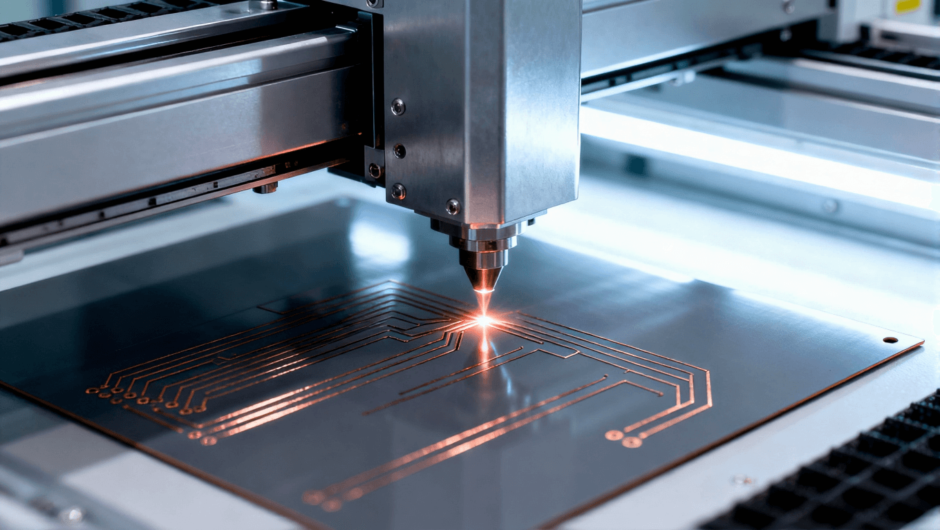 無塵車間內(nèi) 激光束蝕刻 PCB 板走線的工業(yè)場景