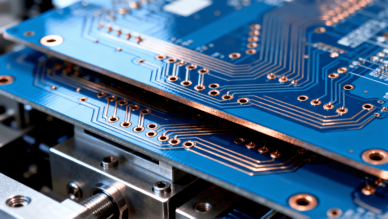 高精度PCB，展示復(fù)雜的銅鍍層和層間連接，突顯制造過程中的精密細(xì)節(jié)