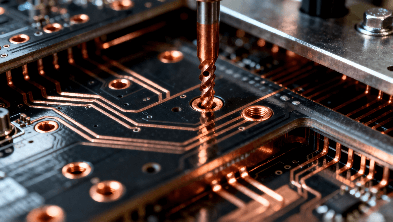 多層PCB的詳細(xì)視圖，展示銅層連接和鉆孔，突出層間復(fù)雜的導(dǎo)電連接