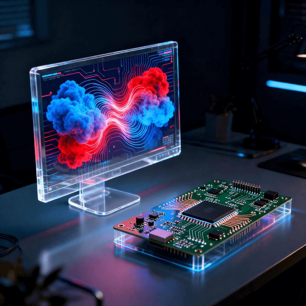 射頻電路設計中的電磁仿真軟件界面與實體電路板原型對比分析場景