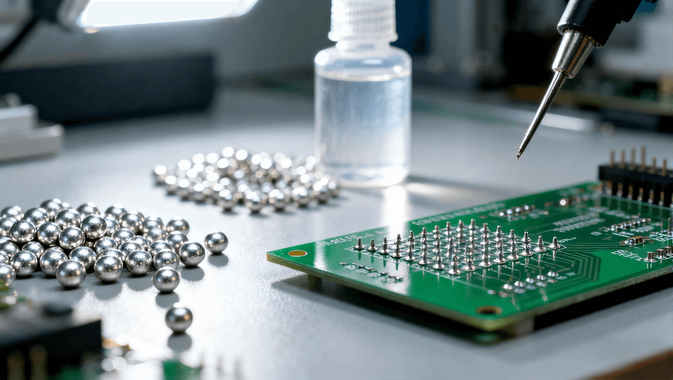 PCB焊接材料選型場(chǎng)景，展示焊料和助焊劑在電子制造中的應(yīng)用，強(qiáng)調(diào)高精度焊接質(zhì)量控制