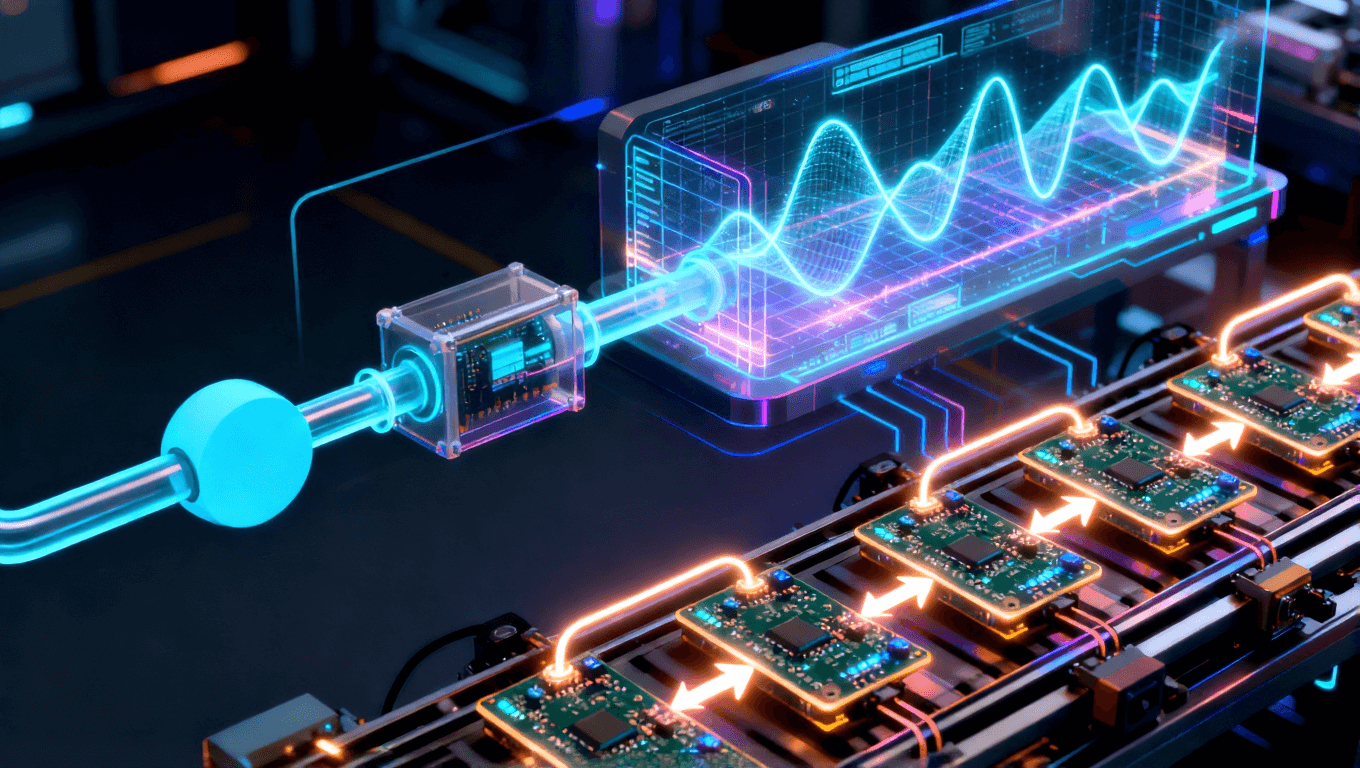 高頻板材選型標(biāo)準(zhǔn)化流程抽象圖，從需求輸入到參數(shù)匹配、仿真驗(yàn)證再到批量生產(chǎn)的可視化流程