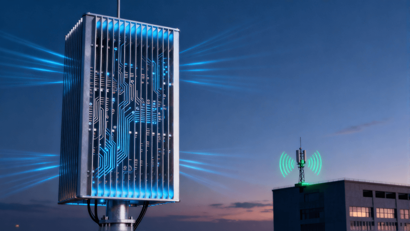 5G宏基站與微基站天線在黃昏環(huán)境下的工作場(chǎng)景，藍(lán)色與綠色信號(hào)波束展示不同覆蓋需求