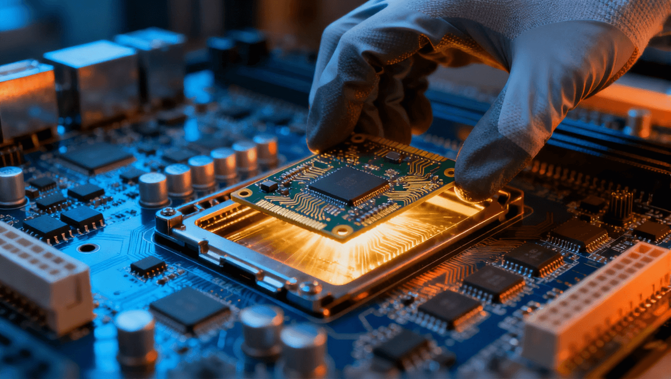 工程師將高頻電路板精準(zhǔn)嵌入系統(tǒng)主板，金色光芒體現(xiàn)參數(shù)匹配與性能優(yōu)化的完美結(jié)合