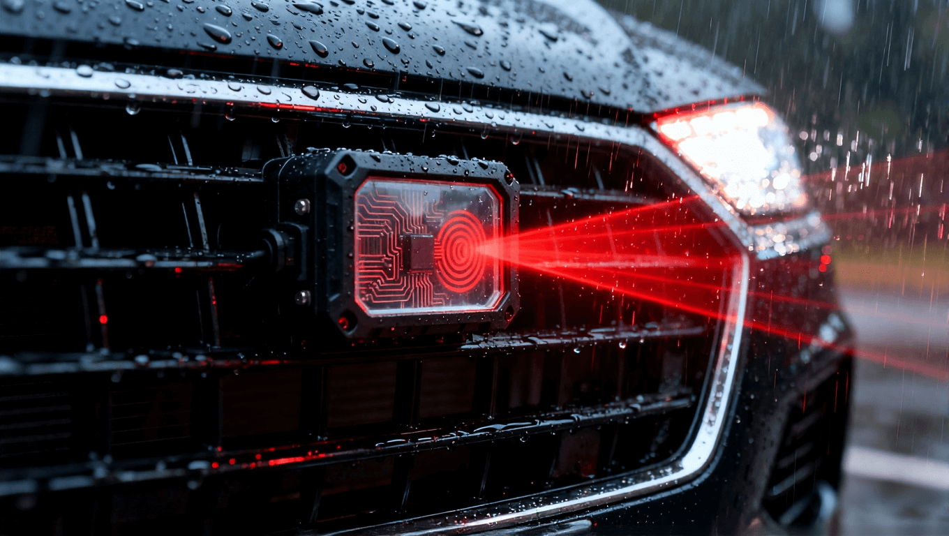 車(chē)載雷達(dá)模塊在雨夜中發(fā)射紅色波束，強(qiáng)調(diào)其在惡劣環(huán)境下的密封可靠性及內(nèi)部高頻電路結(jié)構(gòu)