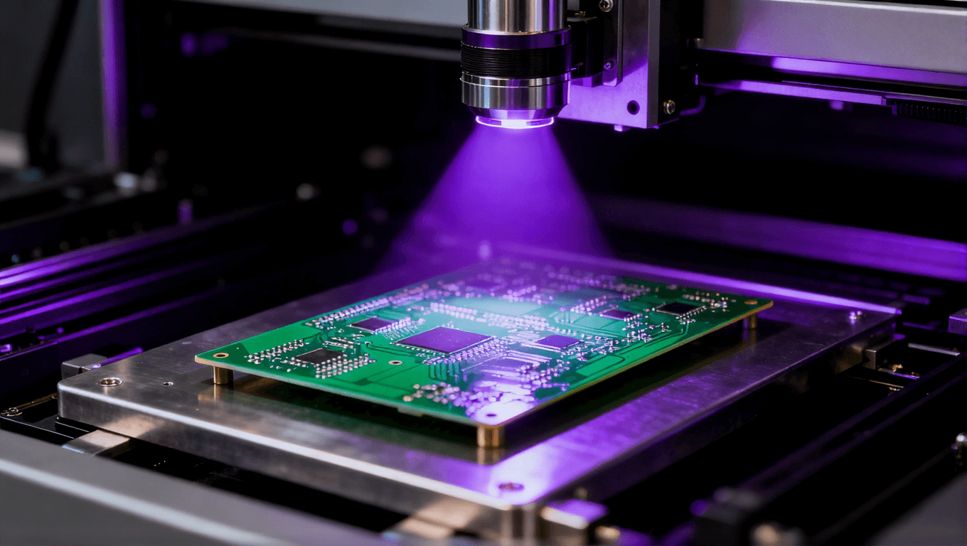 PCB阻焊層在紫外光線下進(jìn)行精準(zhǔn)曝光固化的瞬間