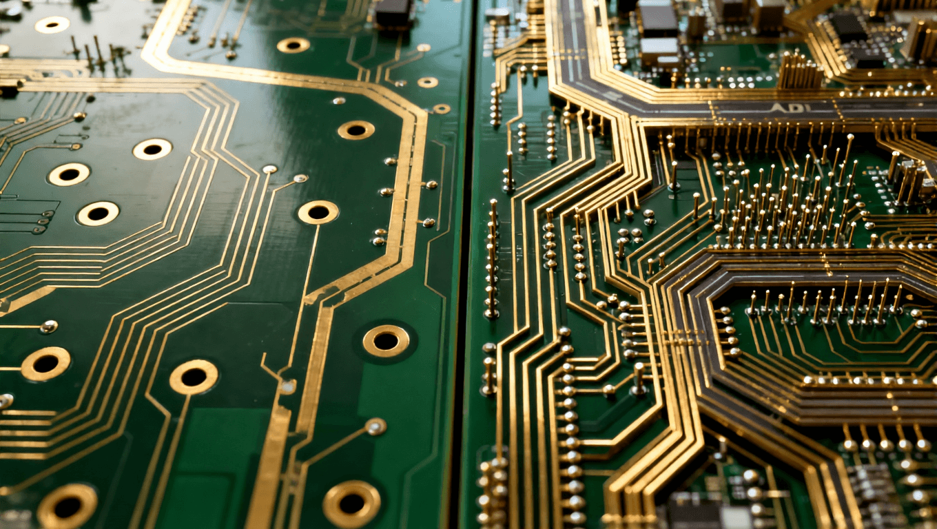 高密度互連HDI布線在AI服務(wù)器PCB中的應(yīng)用，對(duì)比普通PCB寬松布局，突出精密排布與空間優(yōu)化