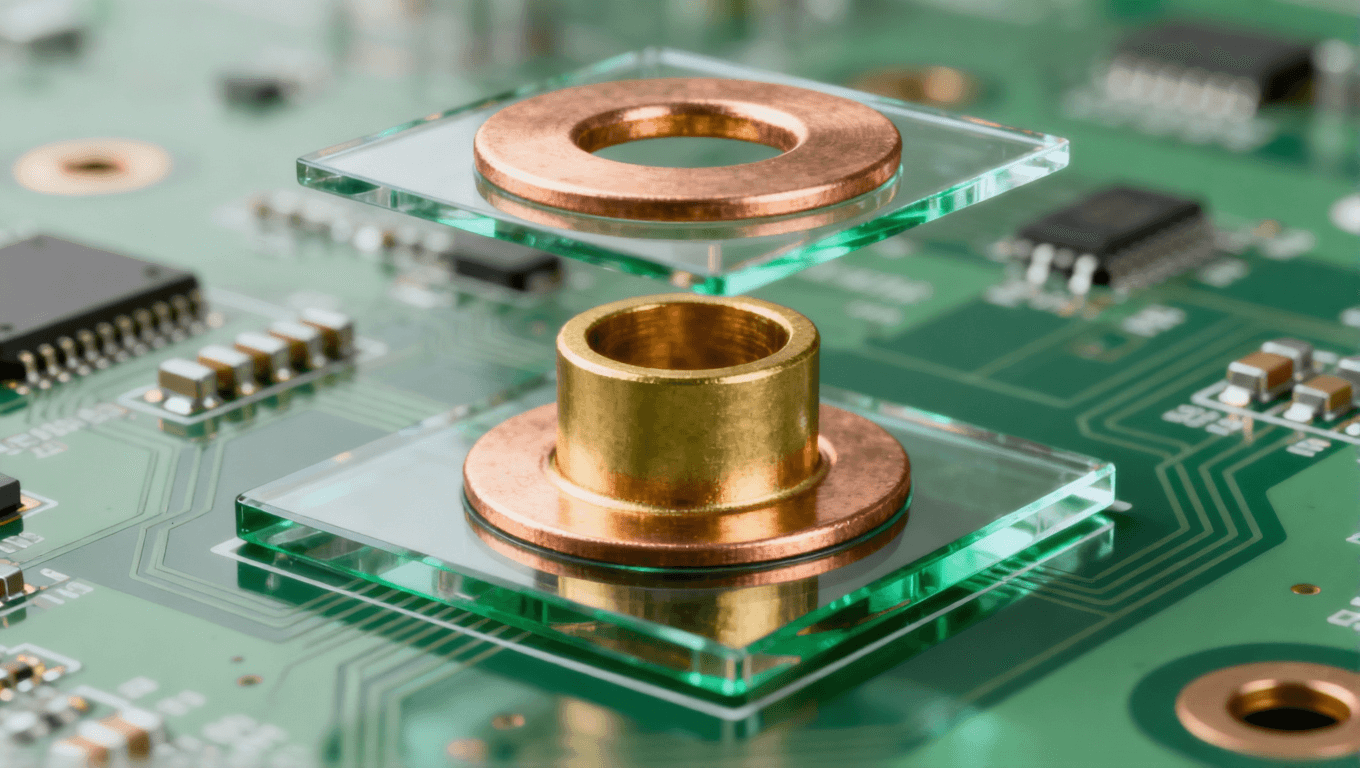 PCB過孔圖，分解展示孔壁、焊盤和阻焊層三要素