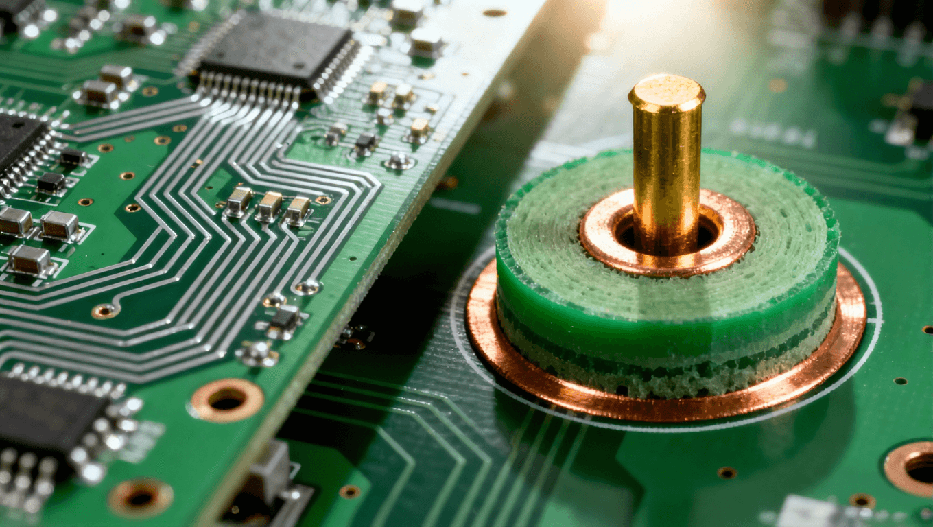 PCB一階過孔橫截面結(jié)構(gòu)示意圖，展示過孔貫穿所有層且僅頂層底層有焊盤