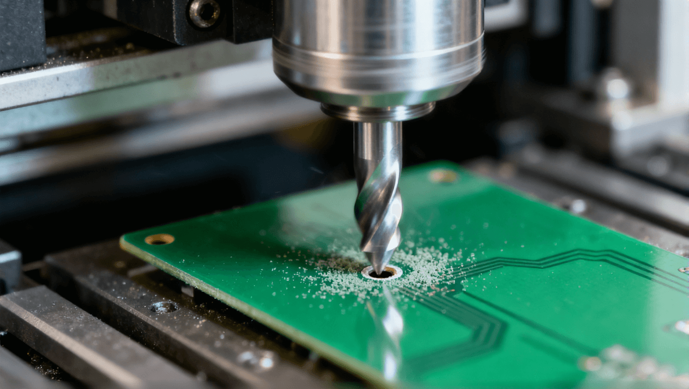 數(shù)控鉆頭在PCB板上鉆孔的瞬間，展示一階過孔制造工藝