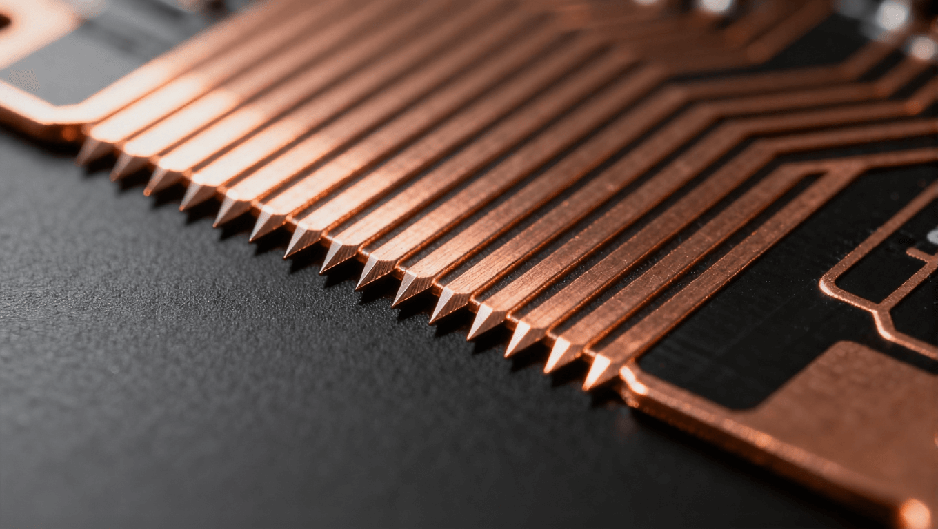 高密度PCB線路微觀視圖，展示精細線寬與間距控制，適用于HDI板和5G設備應用