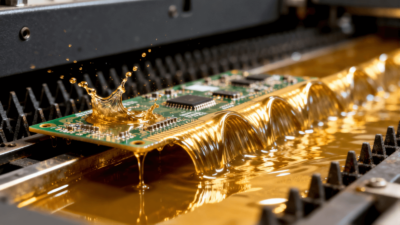 波峰焊過程中液態(tài)焊料波峰與PCB接觸的動態(tài)瞬間，突出焊接工藝的流體特性