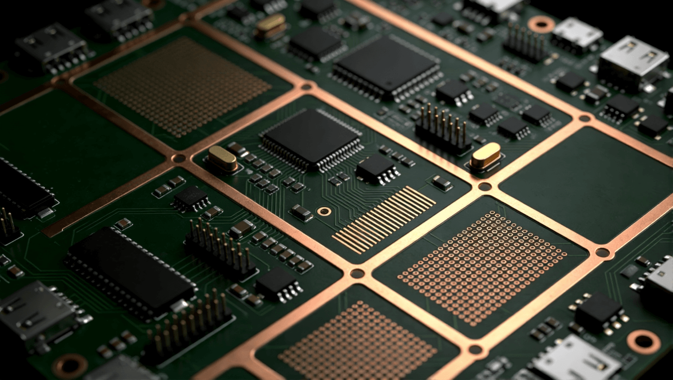 機(jī)器人主控板精密分區(qū)布局與散熱設(shè)計(jì)的俯視示意圖，體現(xiàn)高密度布線的秩序與規(guī)劃