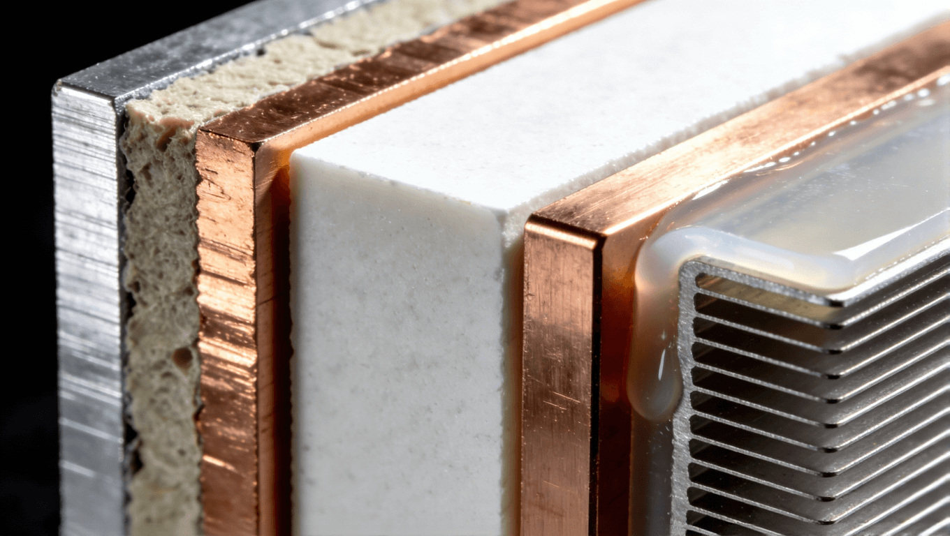 儲能PCB常用高導熱基板與散熱材料展示，包括鋁基、陶瓷基覆銅板和導熱硅膠