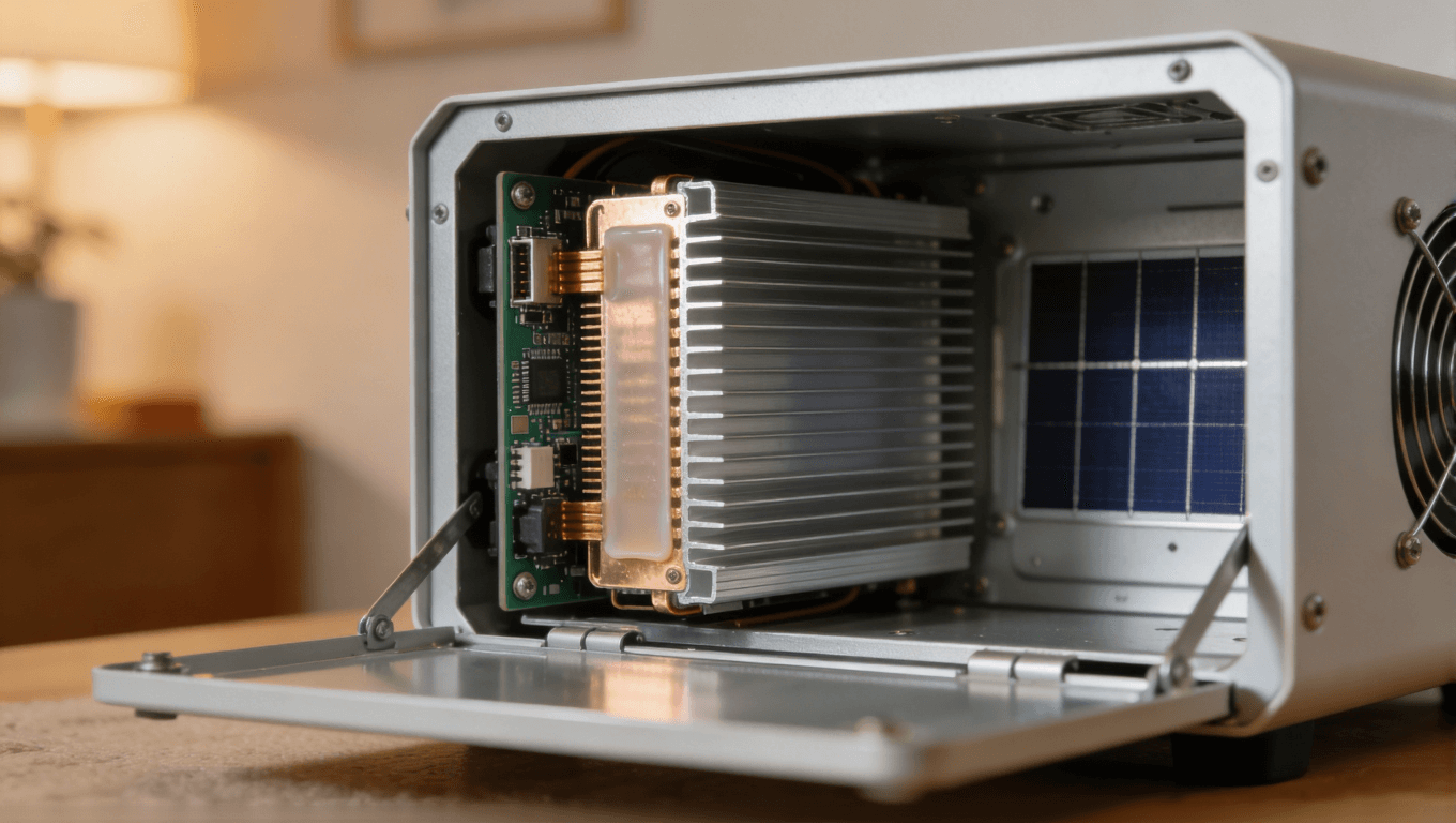 戶用儲能逆變器內(nèi)部散熱結(jié)構(gòu)特寫，展示PCB集成散熱層與殼體散熱設(shè)計