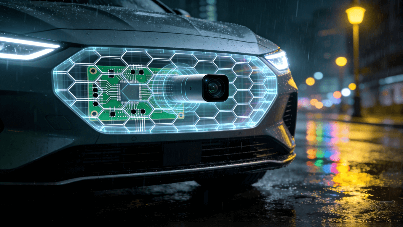 集成于汽車前臉的車規(guī)級激光雷達內部PCB半透明視覺效果圖