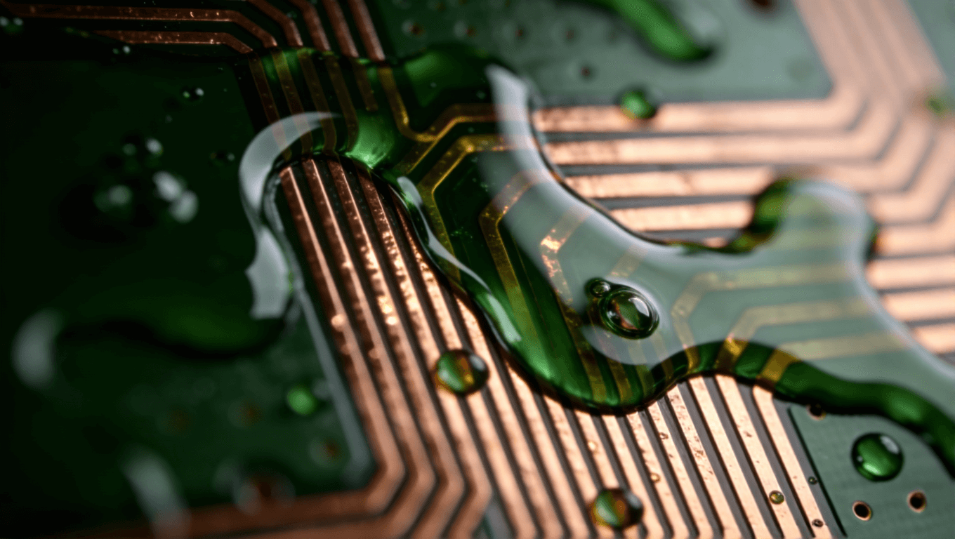 PCB阻焊層涂覆過程抽象特寫，綠色液態(tài)阻焊油在銅線上光滑鋪展，呈現(xiàn)光澤質(zhì)感與流動(dòng)紋理