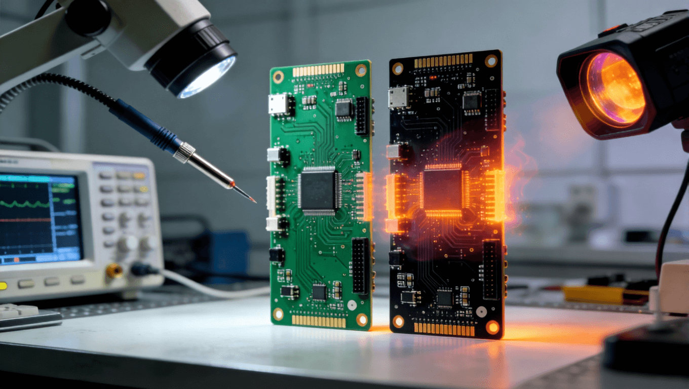 實(shí)驗(yàn)室中綠色與黑色PCB板并排對(duì)比測(cè)試場(chǎng)景，周圍有示波器探頭和熱像儀鏡頭