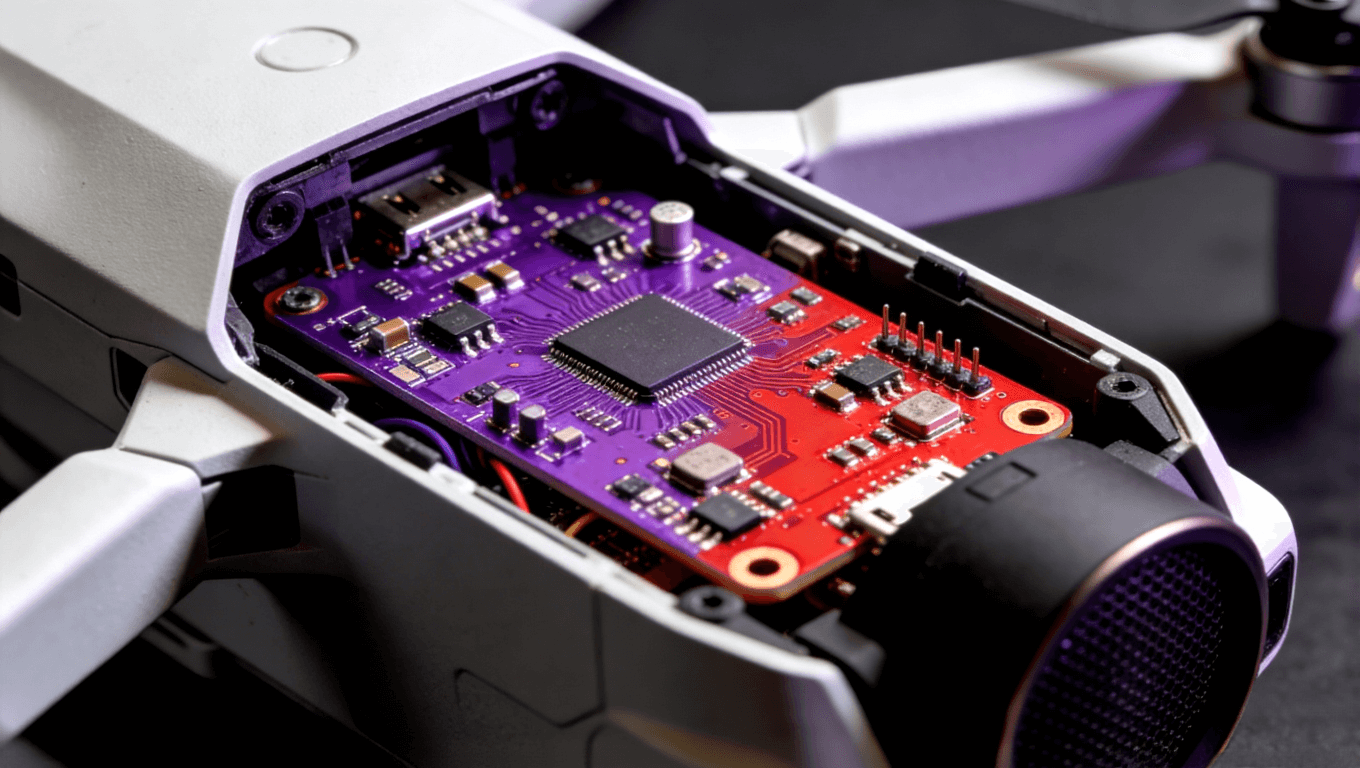 產(chǎn)品拆解藝術(shù)圖展示內(nèi)部紫色或紅色PCB板，組件布局整齊