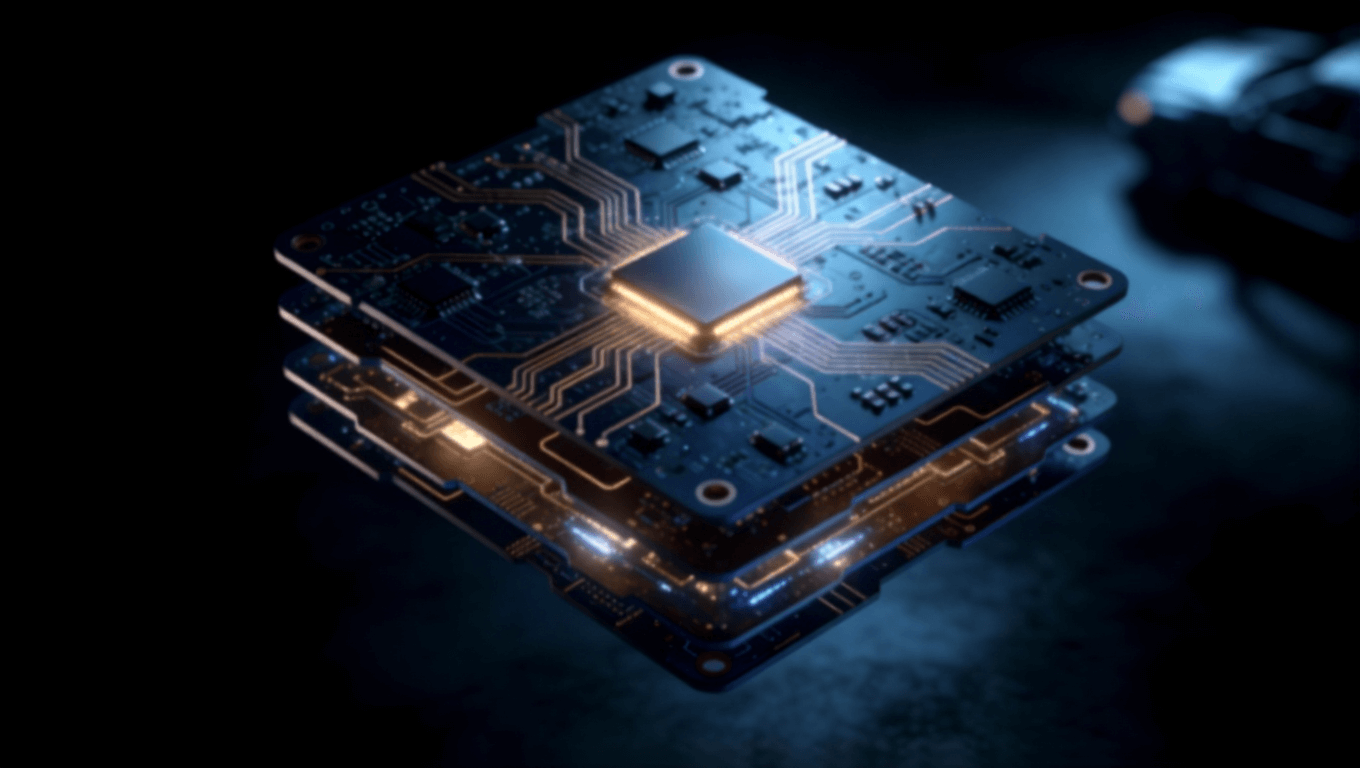 自動(dòng)駕駛域控制器 PCB 抽象科技視覺(jué)，展示多層電路與芯片集成設(shè)計(jì)