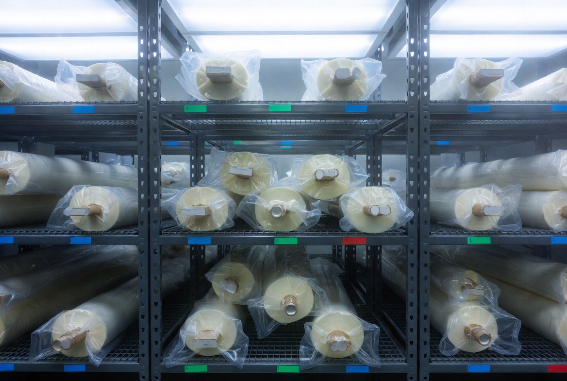 恒溫恒濕倉(cāng)庫(kù)內(nèi)存放的真空包裝半固化片卷材，表現(xiàn)適宜存儲(chǔ)環(huán)境對(duì)材料穩(wěn)定性的重要性