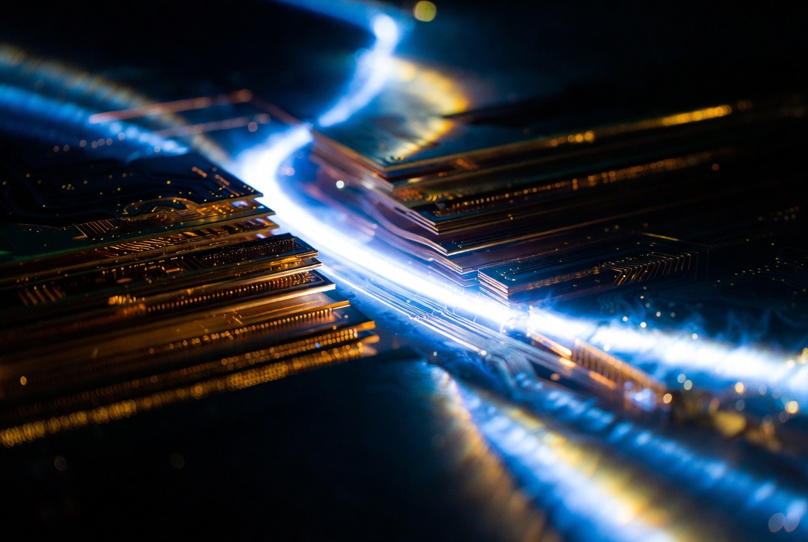 抽象光影表現(xiàn)PCB內(nèi)部信號(hào)因白斑缺陷發(fā)生衰減，象征白斑對(duì)高頻電路性能的影響