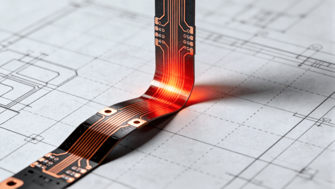 FPC走線與彎折方向垂直導致的應力集中可視化圖示，紅色熱力圖突出應力分布