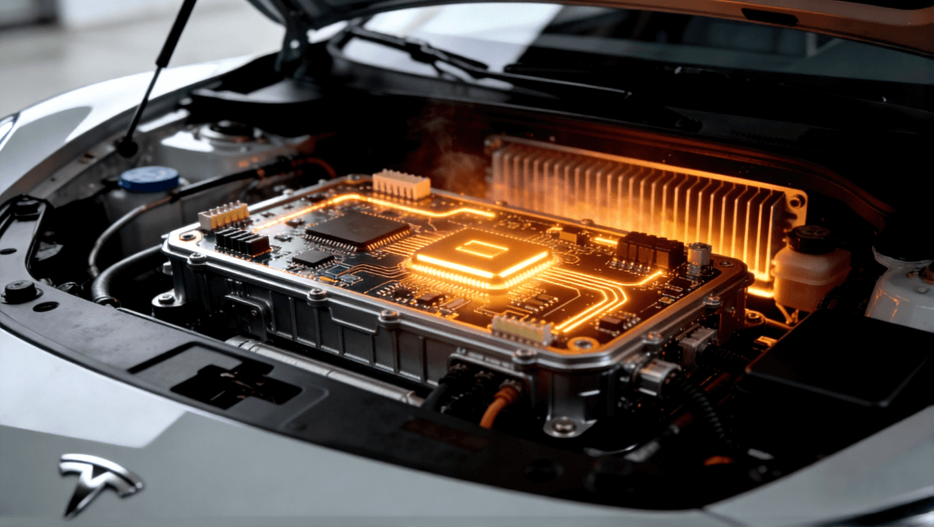 新能源汽車電控系統(tǒng)中陶瓷電路板集成示意圖，表現(xiàn)高功率場景下的散熱與穩(wěn)定性