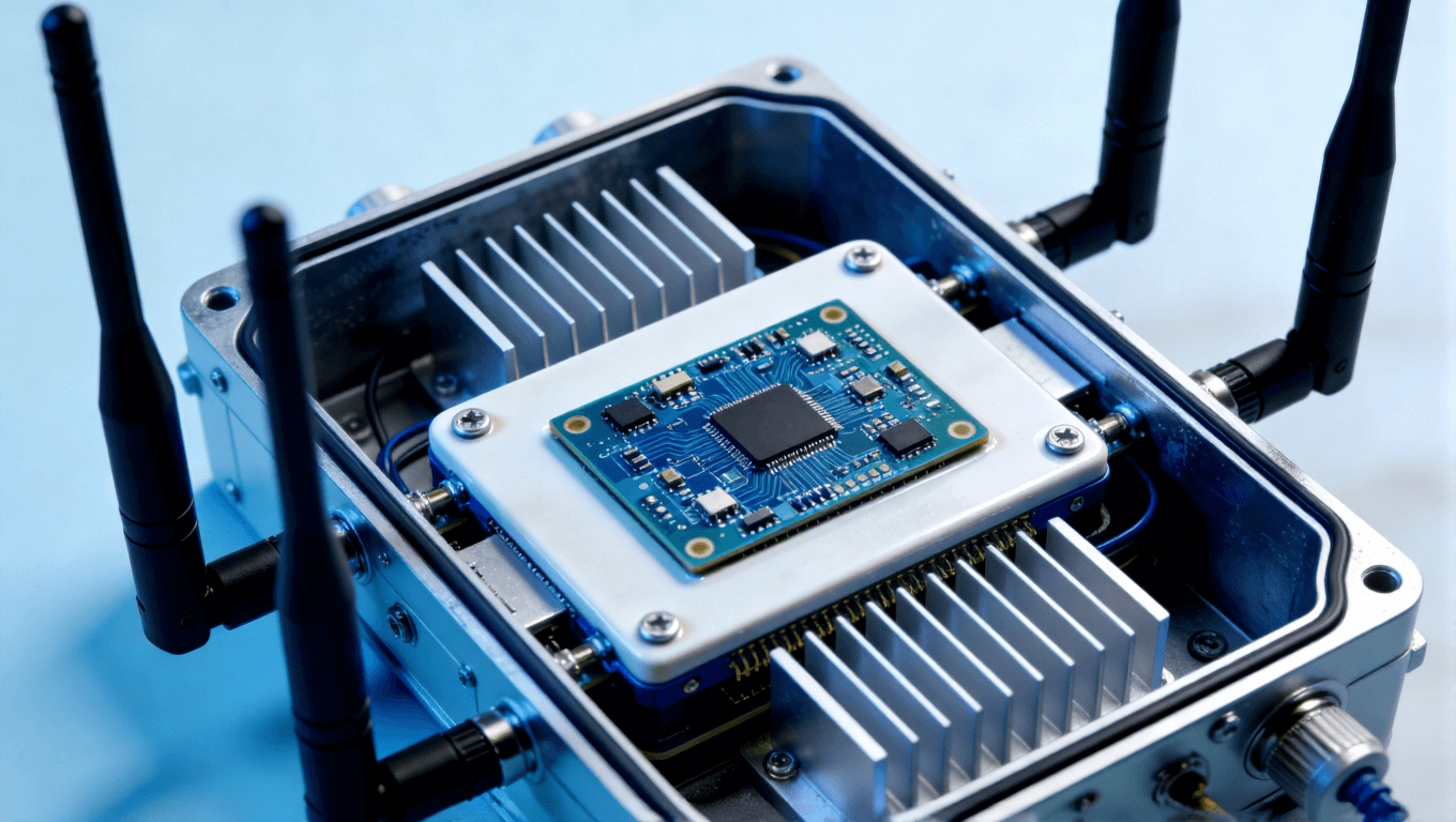 5G基站內(nèi)部陶瓷電路板在射頻模塊中的應(yīng)用場景，體現(xiàn)高頻通信設(shè)備中的集成與散熱設(shè)計