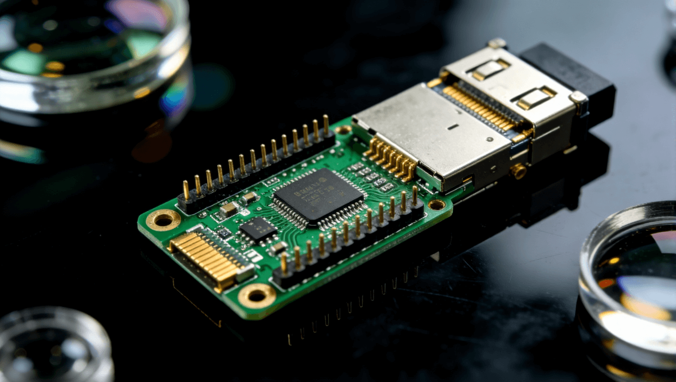 成品光模塊PCB展示，綠色焊盤與金色連接器，呈現(xiàn)高質(zhì)量制造工藝