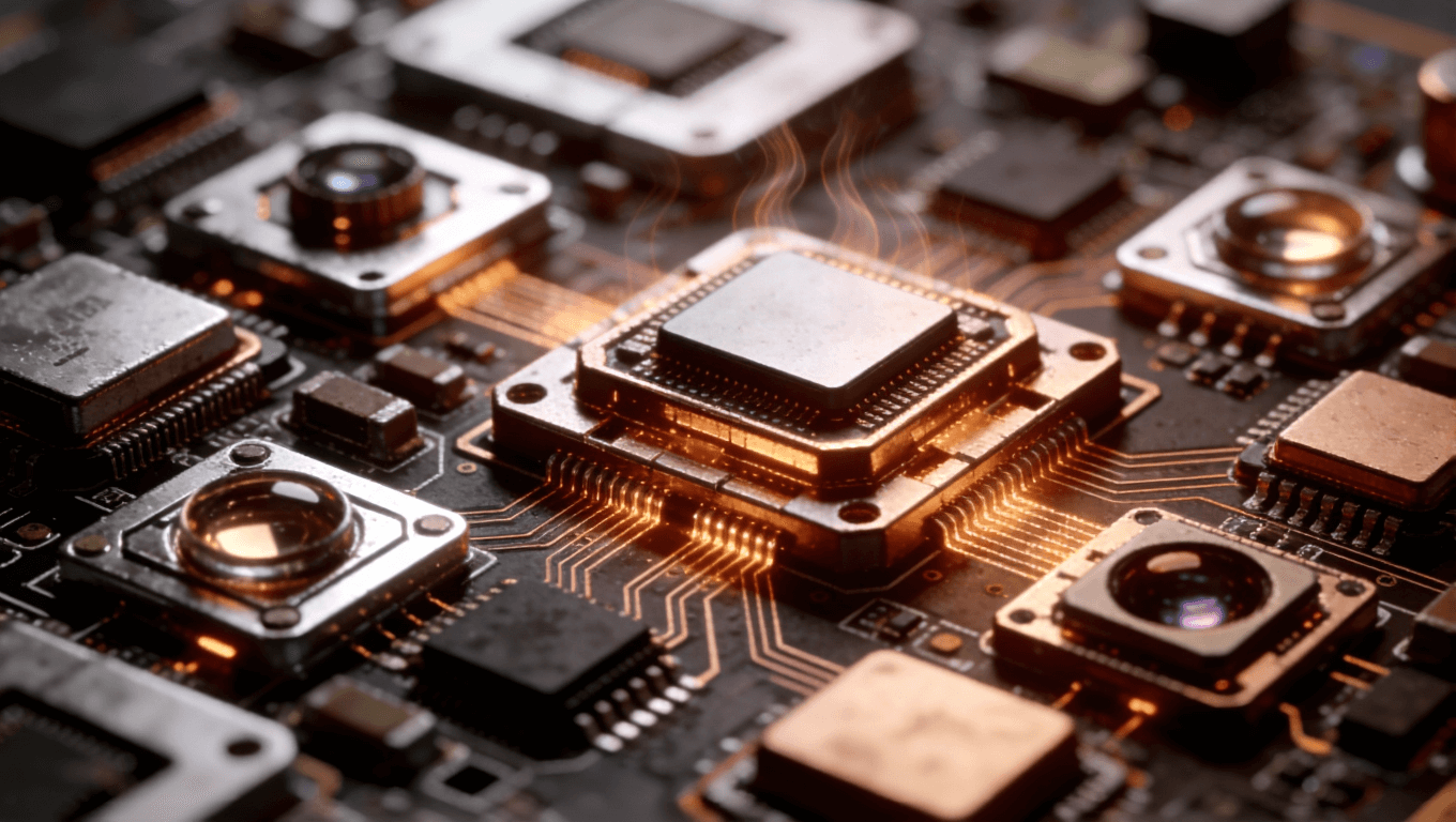 光模塊PCB精密布局與散熱設(shè)計(jì)，微型芯片密集排列，熱感視覺效果