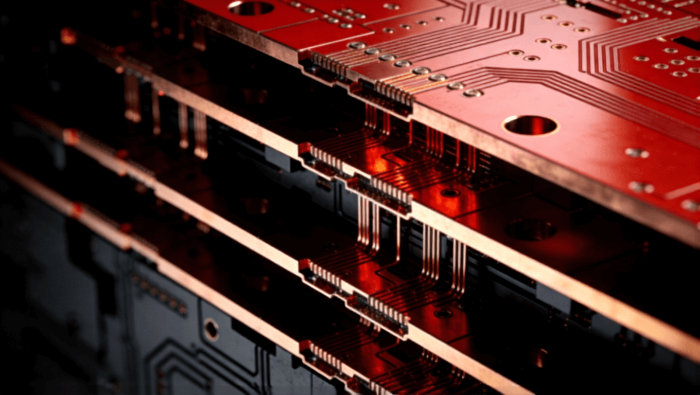 多層光模塊PCB內(nèi)部結(jié)構(gòu)抽象3D視圖，展示盲埋孔與厚銅工藝